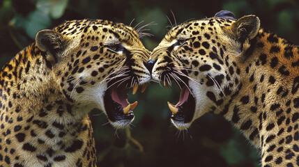 Naklejka premium Two jaguars face off, mouths open, showcasing their spotted coats and sharp teeth.
