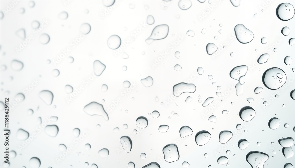 Aufkleber Clear water drops create unique pattern on transparent surface. Raindrops form various shapes, sizes. Light shows through water droplets. Macro view of wet surface. Photo natural beauty of water in