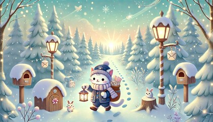 A whimsical and heartwarming illustration of a snowy forest featuring a charming cat postman delivering glowing letters and parcels on a sunny winter day.