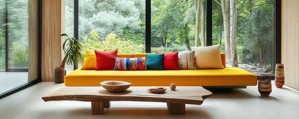 Fototapeta premium Minimalist home interior design of modern living room with a yellow sofa adorned with colorful cushions, wooden coffee table and minimalistic decor, bathed in natural