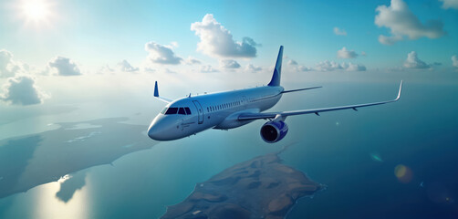 Fototapeta premium Airplane taking off over water. Sunny day with clouds. High altitude view of runway. Scenic landscape below. Fast, smooth take off. Travel concept. Great image for tourism ads travel agency.