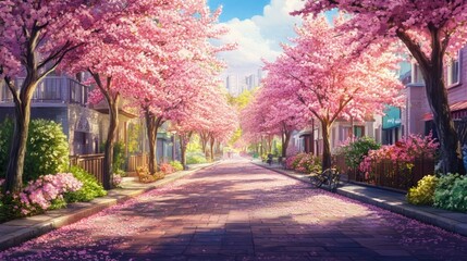 Obraz premium Sunny street lined with blooming cherry blossom trees, petals scattered on the ground.