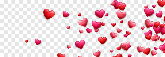 Vector 3D hearts, Valentines day love symbol. Flying cute love hearts isolated on png. Realistic romantic emoji. Valentines day vector illustration