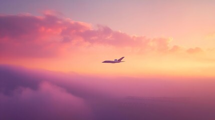 Airplane Flying Above Clouds at Sunset