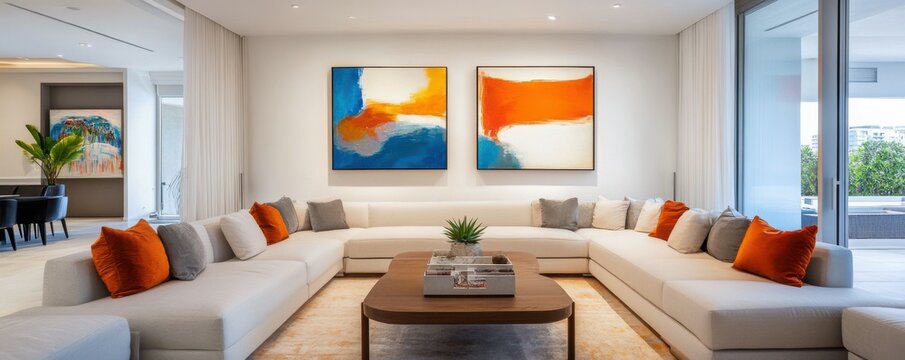 Minimalist home interior design of modern living room with sectional sofa, dual abstract paintings and cozy, elegant atmosphere.