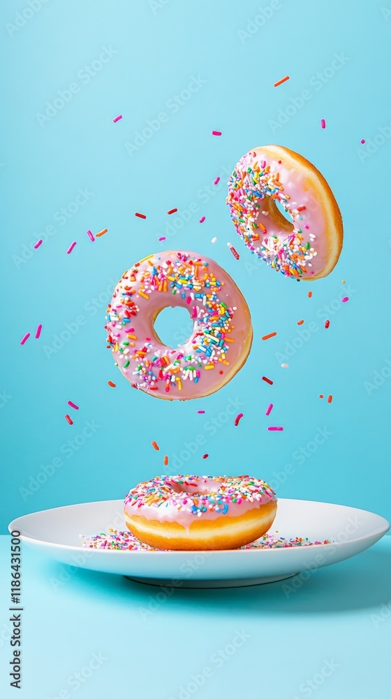 Aufkleber three delicious pink icing donuts with colorful sprinkles levitating over a white plate on a turquoi