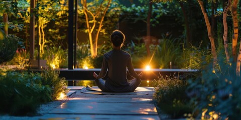 Obraz premium A serene evening scene of a person meditating in a tranquil garden illuminated by soft lights.