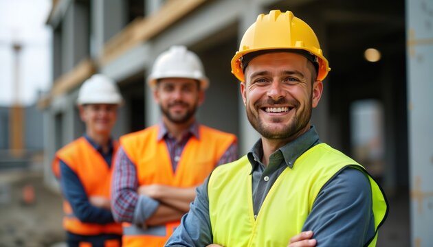 Construction workers stand confidently at building site. Teamwork, job satisfaction visible. Three men wear safety equipment. Focus on smiling worker with crossed arms. Workplace displays building