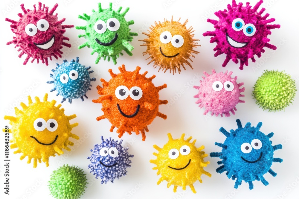 Poster cheerful colorful microbes with smiling faces in vibrant arrangement on a bright background. generat