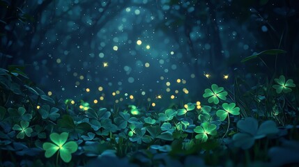 Fototapeta premium Enchanted Forest Scene with Glowing Clovers and Soft Light in a Mystical Setting
