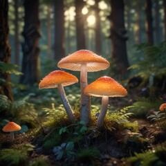 Fototapeta premium A glowing mushroom in the undergrowth of an enchanted forest, undergrowth, landscape, natural