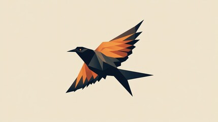 Fototapeta premium Geometric low-poly bird in flight, orange and black wings.