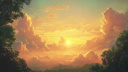 Golden Sunset Cloudscape Over Lush Green Forest