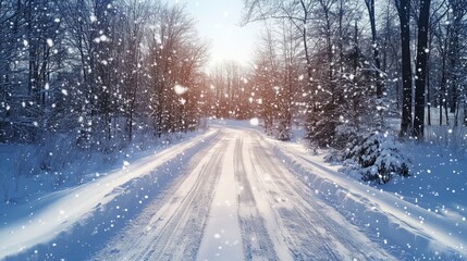 Snow gently falling on an empty road winding through a serene winter forest at sunset creates a picturesque and tranquil landscape, inviting moments of peace and solitude