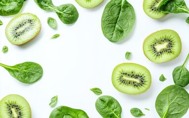 Fototapeta premium A refreshing green smoothie with spinach and kiwi slices on a bright white surface