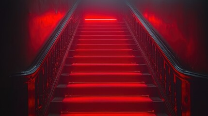 Crimson Ascent: A Red-Lit Staircase in an Eerie Mansion