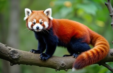 Adorable red panda sits on tree branch. Cute animal in natural forest habitat. Close up portrait of rare mammal. Wildlife photo red panda in environment. Cute panda bear in wild. Eastern Asia Nepal.