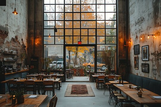 Empty urban restaurant with autumnal vibes through the window