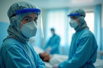 Group of surgeons performing a medical procedure in a sterile operating room environment with advanced equipment.