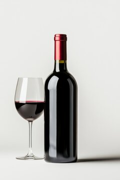 Botella de vino tinto con copa en un fondo claro, ideal para maridar con una cena especial