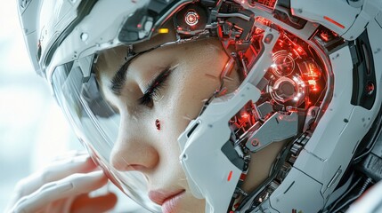 Fototapeta premium A stunning bride stands in an elegant hallway, wearing a fitted gown with intricate detailing, holding a bouquet, her figure framed by the architectural beauty around her.