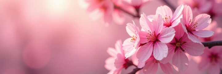 Obraz premium Soft pink cherry blossom petals unfolding in the morning light, bloom, hazy background