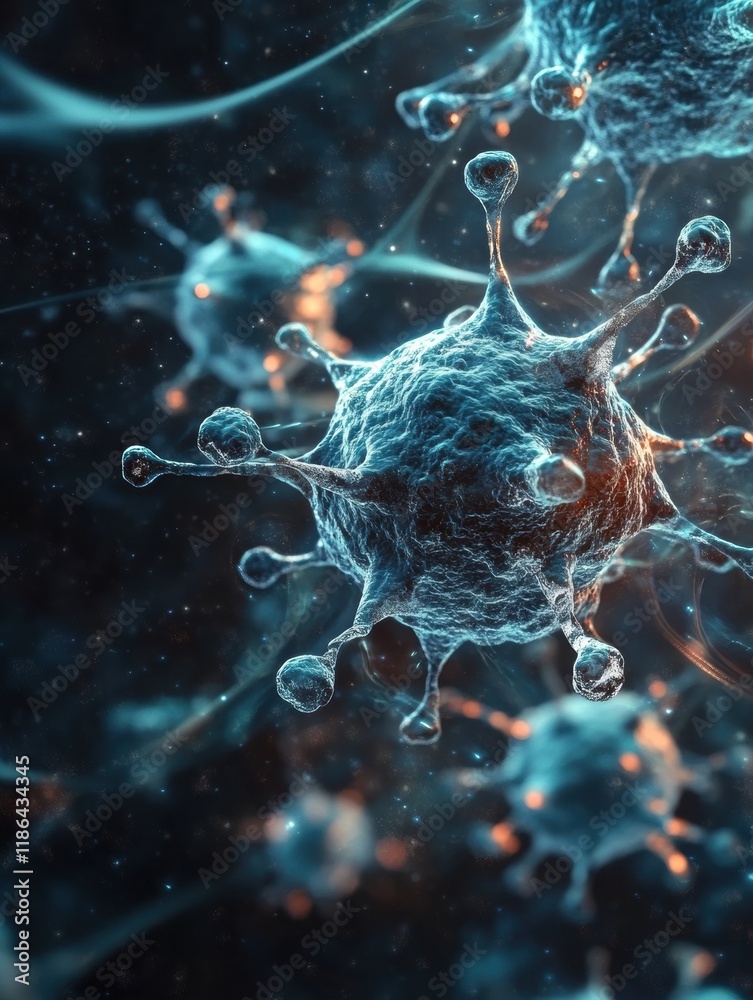Fototapete Detailed 3D visualization of a virus with spikes and RNA strands showcasing glowing molecular details. Generative AI