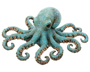 Fototapeta premium A teal octopus with a cracked texture, eight tentacles, and large eyes, isolated on a black background.