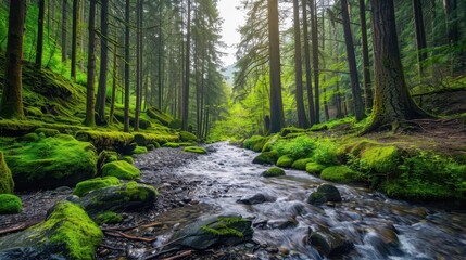 Obraz premium A serene forest scene with a flowing stream surrounded by lush greenery and towering trees.