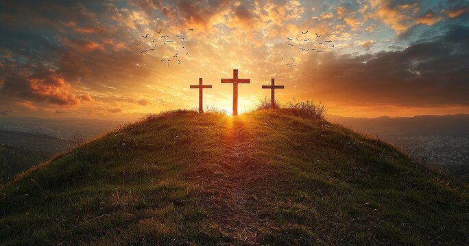 A photo capturing the resurrection concept, with crosses on an outdoor hillside as the sun rises