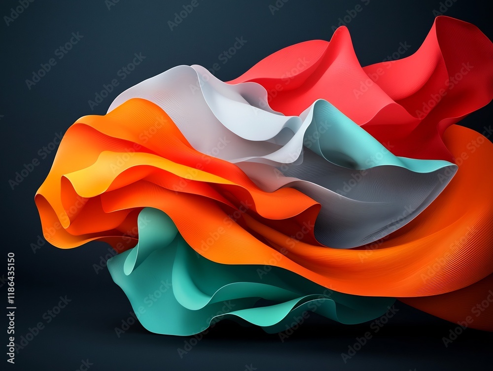 Poster psychedelic abstract digital artwork featuring a dynamic composition of undulating prismatic shapes 