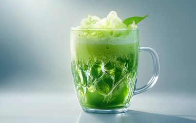 A vibrant green matcha latte with frothy art, glowing under soft light on a clean white background