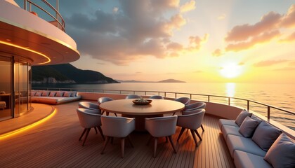 Fototapeta premium Luxury yacht deck at sunset. Large table for dinner, comfortable seating area. Ocean view, seaside. Ideal for rich person for travel vacation. Exquisite design, perfect private setting. Sophisticated