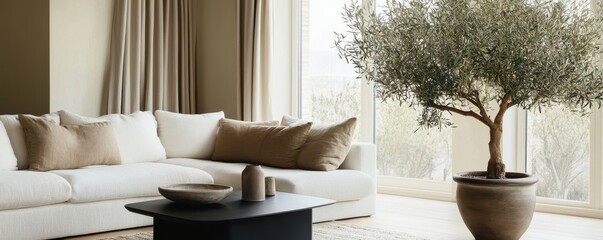 Minimalist, japandi home interior design of modern living room with white sofa, sleek black coffee table and potted olive tree. The earthy tones and soft textures create warm and tranquil atmosphere