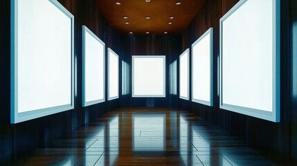 Obraz premium A long hallway with white walls and black floors