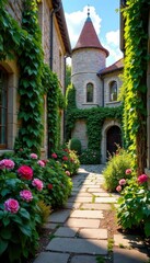 Stone pavement with vines and wildflowers in a secluded courtyard, castle, flower