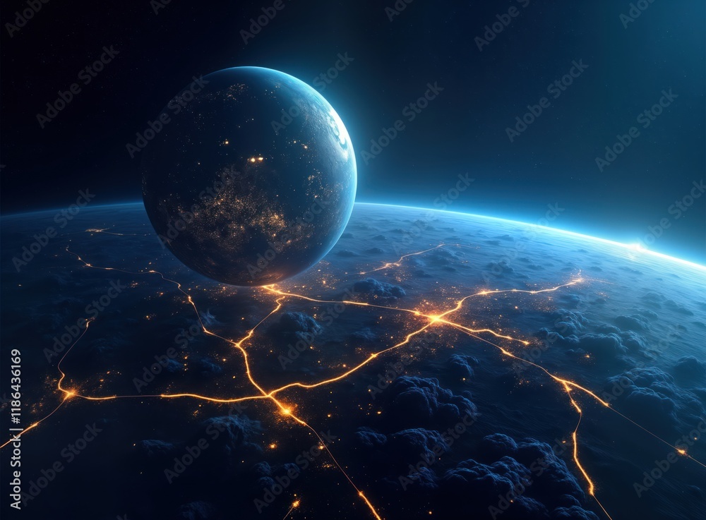 Poster amazing view of earth from space. night lights of megacities form glowing lines across beautiful blu