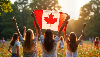 People celebrate outdoors with Canadian flag. Joyful, proud. Summer event in park. Community gathering. National holiday. Happy crowd. Traditional celebration. Canada Day. People raise flags.