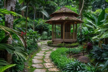 Obraz premium A serene garden pathway leading to a wooden gazebo surrounded by lush greenery.