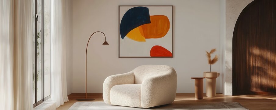 Minimalist, japandi home interior design of modern artistic living room design with a compact boucle armchair and colorful geometric painting on the wall near arched