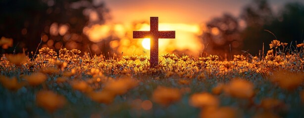 The silhouette of a black cross religious icon framed by grass and a sky painted by the setting sun - Stock