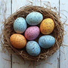 Obraz premium Blue easter eggs basket with a beautiful style on a white background, featuring a spring floral pattern and a festive look