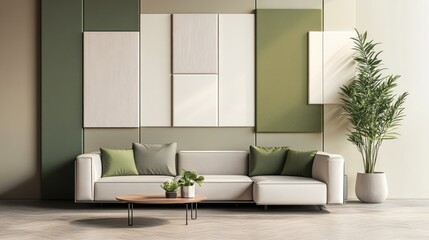 Modern sectional sofa, green wall art, plant, living room interior design