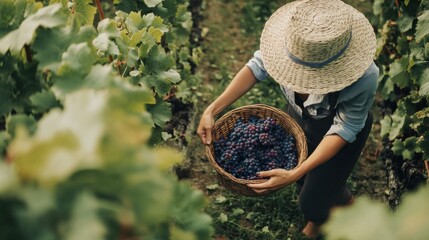 Harvesting the Bounty: An overhead shot captures a woman wearing a straw hat, meticulously harvesting plump red grapes from a sprawling vineyard. The warm sunlight bathes the scene in a golden glow.