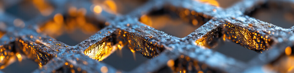 Close-up of Textured Metallic Grid with Golden Highlights