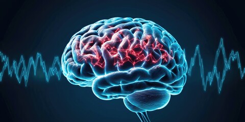 Obraz premium A digital representation of a brain with neural activity highlighted, accompanied by waveforms, illustrating the complexity of cognitive functions.
