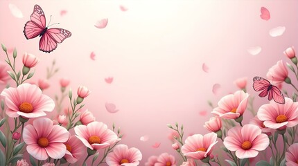 Fototapeta premium Elegant Pink Butterflies Fluttering Amongst Delicate Blush Flowers, Gentle Floating Petals, Soft Pastel Background, Dreamy and Serene, Romantic Artistic Scene, Centered, Natural Light, Flowing Effect.
