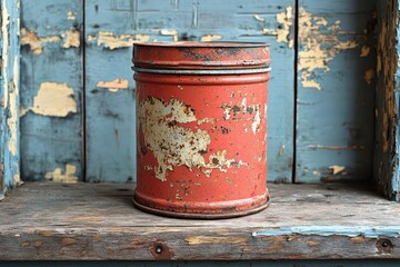 Obraz premium industrial still life weathered red paint container with rust patina photographed in authentic construction site environment
