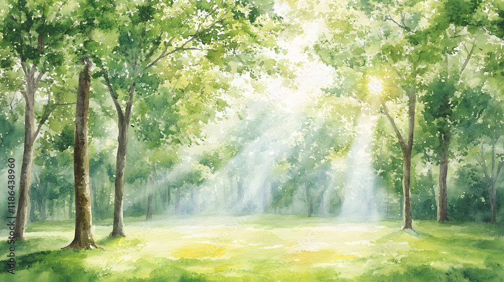 Poster a serene forest scene featuring sunlight filtering through lush green trees, creating a peaceful and