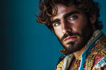 A man with a beard and blue eyes is dressed in a colorful outfit. He is looking straight into the camera, close-up on a blue isolated background. Generative AI.